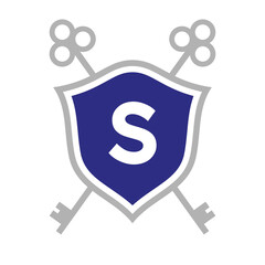 Letter S Real Estate Logo Design Concept with Crossed Key Sign. Key Real Estate Logotype on Shield Symbol