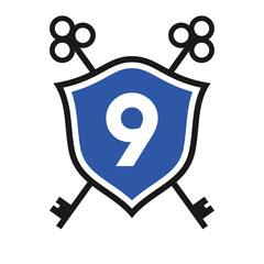 Letter 9 Real Estate Logo Design Concept with Crossed Key Sign. Key Real Estate Logotype on Shield Symbol