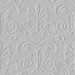 Floral emboss 3d seamless pattern. Embossed vintage white background. Textured repeat backdrop. Surface Baroque Damask ornament. Relief 3d vintage flowers, leaves. Grunge embossing endless texture - obrazy, fototapety, plakaty