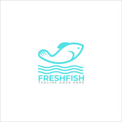 Blue round icon with fish and wave in three color variants isolated on white background creative fish logo design
