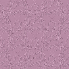 Dotted 3d swirls seamless pattern. Textured floral emboss pink background. Embossed hand drawn swirl flowers,  leaves, dots. Relief swirl line art vintage ornament. Surface endless ornate texture