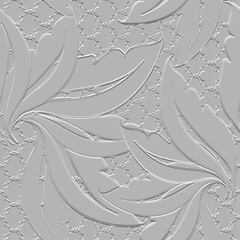 Textured floral 3d seamless pattern. White relief grunge leafy background. Repeat embossed vector grid backdrop. Surface tropical blossom exotic flowers, leaves. 3d beautiful vintage lacy ornaments