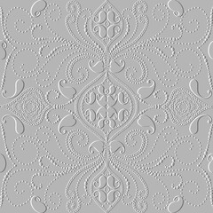 Dotted 3d paisley seamless pattern. Textured floral white emboss background. Embossed hand drawn paisley flowers,  leaves, dots. Relief line art ethnic style ornament. Vintage design. Surface texture - obrazy, fototapety, plakaty
