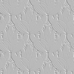 Textured floral line art 3d seamless pattern. Ornamental relief lines background. Repeat embossed floral white backdrop. Surface abstract swirl lines flowers, leaves. 3d hand drawn beautiful ornament