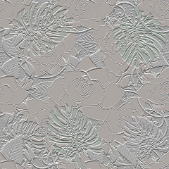 3d embossed rose flowers seamless pattern. Textured beautiful flowers. Relief tropical background. Repeat emboss rough backdrop. Surface tropic leaves, branches. 3d exotic flowers grunge ornaments