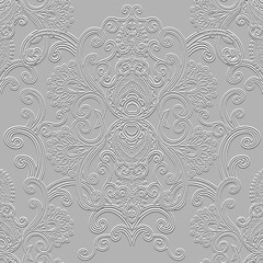 Lines emboss floral 3d seamless pattern. Ornamental textured relief white background. Repeat surface ethnic style vector backdrop. Embossed line art swirl flowers ornament. Surface endless texture
