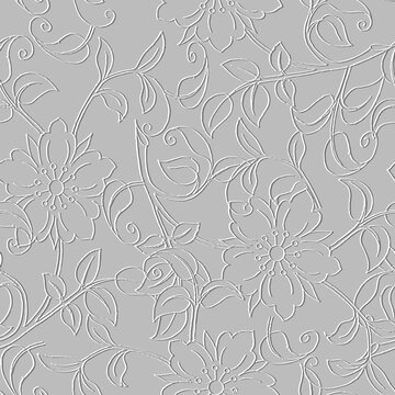 Floral 3d embossed white seamless pattern. Textured line art flowers relief background. Repeat emboss backdrop. Surface lines flowers, leaves. 3d doodle bloom flowers ornament. Embossing texture