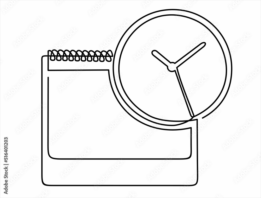 Poster continuous one single line drawing of calendar and clock icon. schedule, appointment, important date