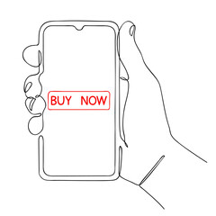 Buy now symbol. Special offer illustration. Continuous one single line of hand holding smart phone for online shopping. Editable hand drawn contour. Vector