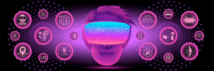 Banner of Metaverse Technology concept. A head use VR virtual reality goggle and metaverse icons