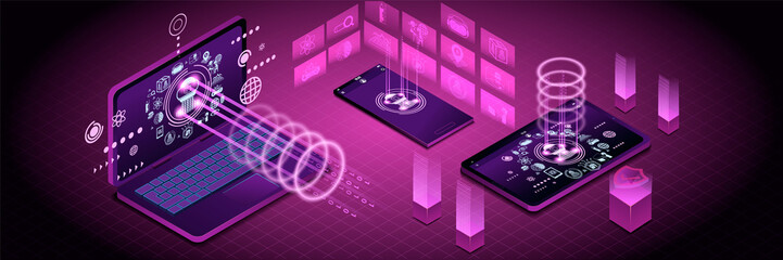 Fototapeta premium Banner of Realistic Device mock up and Metaverse icons.It's metaverse data concept