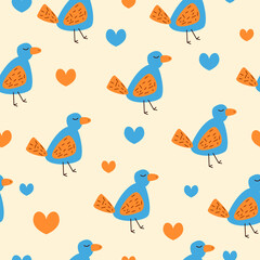 Vector Cute Pattern with Colorful Cartoon Funny Birds and Hearts on a Beige Background. Print for children, wrapping paper, wallpaper