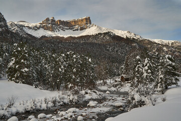 The Anso valley in Spanish Pyrenees after a big snow storm..