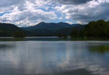 view of Lake Chambon and the Sancy range, Auvergne, Puy-de-Dome