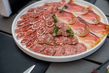 meat plate. Assorted sausages and meats