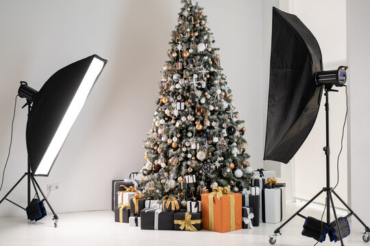 Christmas tree in white interior photo studio with stylish black and orange gift box standing like model with flash light