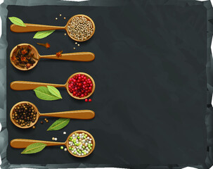 A black cutting board with a highlighted stone texture on a white background with a composition of wooden spoons with colorful peppers, coriander seeds and bay leaf.