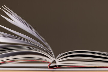 Image of open book lying on brown background