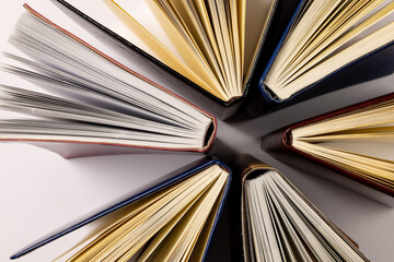 Image of central composition with books standing on white surface