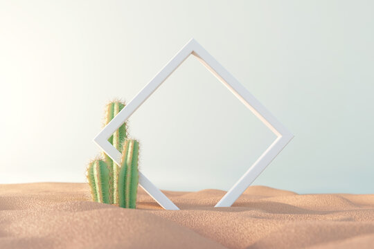 Empty picture frame with cactus on the sand beach or desert, Summer tropical background concept. minimal, 3d render.