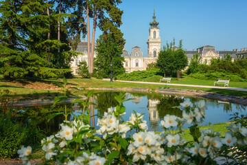 Festetics Palace with beautiful garden on sunny summer day, baroque architecture, Keszthely, Zala, Hungary. Outdoor travel background with white flowers, green grass, blue sky and pond with reflection