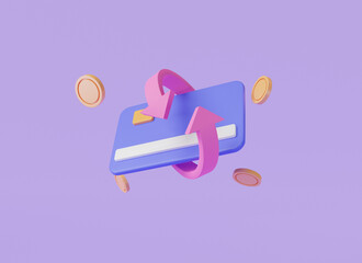 Cash back credit card with Arrow icon and coins on purple background. Credit or debit card refund money, online payment, Money-saving, money transfer, coins. 3d render illustration. cartoon minimal