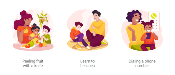 Self-care kindergarten exercise isolated cartoon vector illustration set