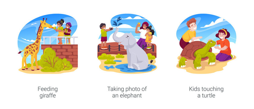 Family zoo visit isolated cartoon vector illustration set