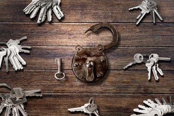Antique door lock and old keys on a desk. Concept and idea on the topic of security, history, protection, guard, secret, preservation, etc. Retro style.