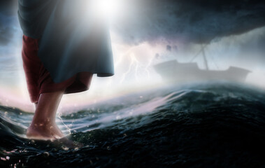 Jesus walks on water across the sea towards a boat during a storm. Biblical theme concept. © funstarts33