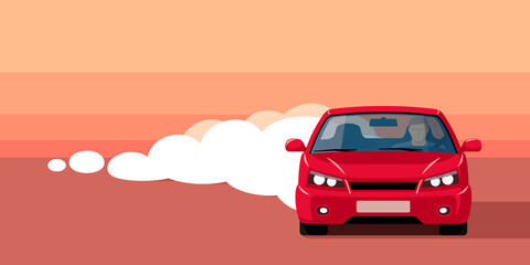 Red sports car with smoke cloud driving through the desert