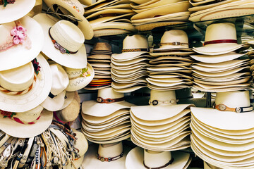 Traditional Arequipenan hats for sale at a stall in the San Camileo central market in Arequipa,...