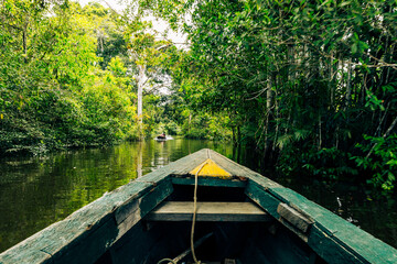 Amazon Green Rainforest Riverbank. Traditional local fishing boats, view from inside. Amazon...