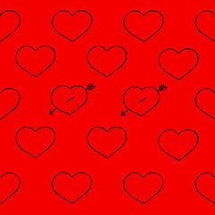 Hearts with an arrow drawn black marker on red paper. Valentine's day concept. Hearts background. Seamless pattern with heart.