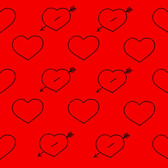 Hearts with an arrow drawn black marker on red paper. Valentine's day concept. Hearts background. Seamless pattern with heart.