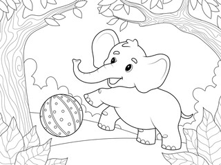 An elephant plays with a ball. Background trees and foliage. Children coloring book, vector.