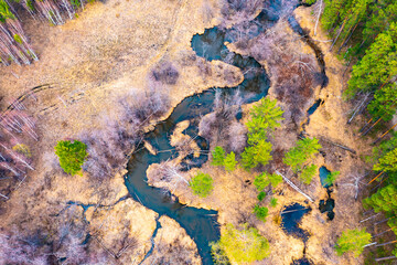 Aerial landscape of winding river in green field, top view of beautiful nature background from drone