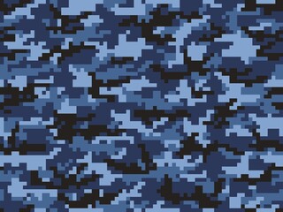 Abstract blue camouflage pixel texture, military dark shape pattern