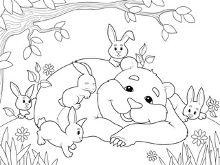 Obraz na płótnie Canvas Kind brown bear with the little rabbits in the forest. Children coloring book, raster.