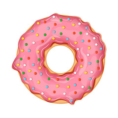 Delicious donut with pink icing with bright sweet sprinkles isolated on white background. Realistic vector illustration of sweet pastries.
