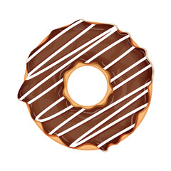 Delicious donut with chocolate and white icing isolated on white background. Realistic vector illustration of sweet pastries.
