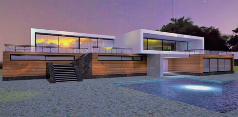 Cozy high-tech house with a rooftop terrace. Facade board and black brick finish. A bright lantern burns at the bottom of the pool. The setting sun is reflected in the windows. 3d render.
