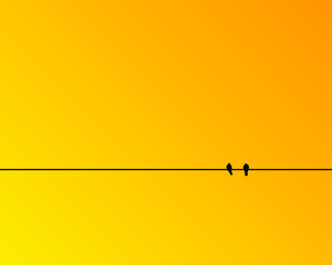 Nature landscape design concept of two birds sitting on a wire silhouette isolated on yellow background - vector illustration 