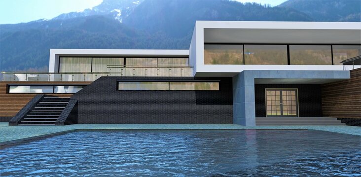 An amazing high-tech house somewhere high in the mountains. Gorgeous roof terrace and large swimming pool. 3d render. Great banner for the sale of real estate.