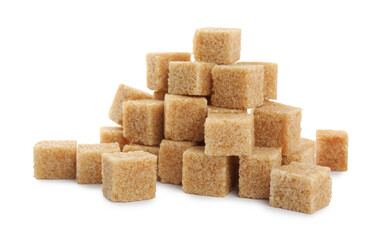 Pile of cubes with brown sugar on white background
