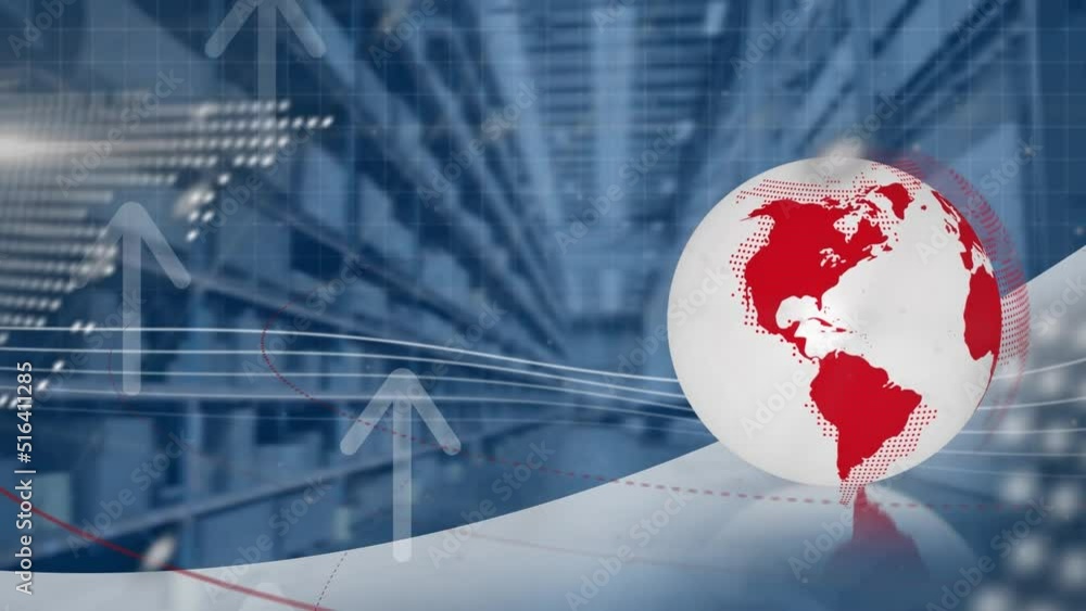 Poster animation of globe and world map with data processing over warehouse