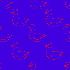 Beautiful background of toy ducks drawn with red marker on very peri paper. Neon seamless ducks pattern. Print for bed linen.