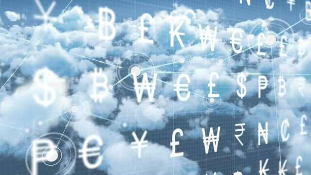 Animation of currency symbols over network of connections and sky with clouds