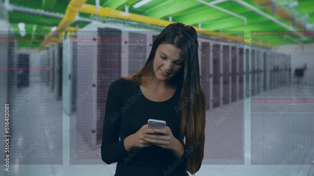 Poster animation of caucasian woman using smartphone over computer servers and data processing