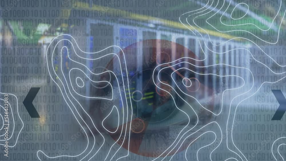 Poster Animation of white lines, woman's blue eye and binary coding data processing